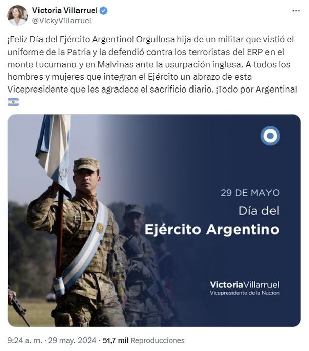 El mensaje que publicó la vicepresidente Victoria Villarruel por el Día del Ejército El mensaje que publicó la vicepresidente Victoria Villarruel por el Día del Ejército