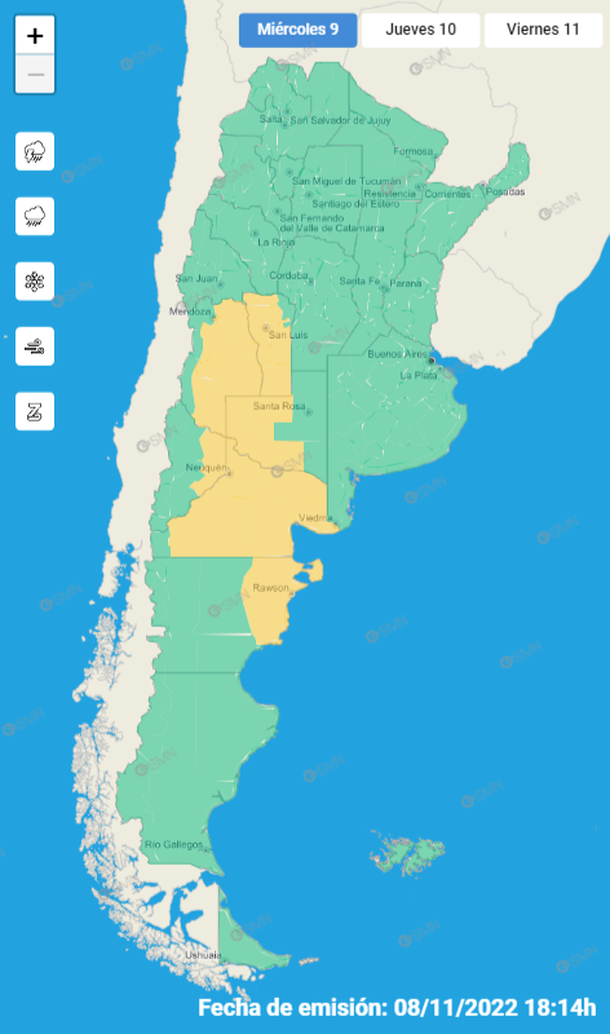 El Servicio Meteorológico Nacional mantenía alertas por tormentas, lluvias y granizo para seis provincias.