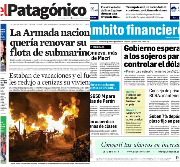 Tapas de diarios del lunes 12 de febrero de 2018