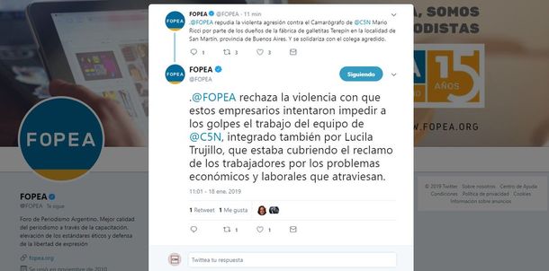 FOPEA se expresó en Twitter