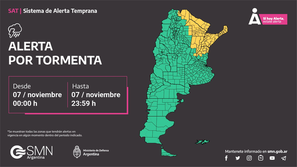 Alerta por tormentas y granizo este jueves. Fuente: Servicio Meteorol&oacute;gico Nacional.