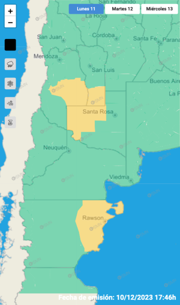 Mapa de alertas este lunes por tormentas y granizo. Fuente: Servicio Meteorológico Nacional. Mapa de alertas este lunes por tormentas y granizo. Fuente: Servicio Meteorológico Nacional.