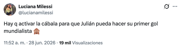 Con un picante video, Luciana Milessi decidió "activar la cábala" para que Julián vuelva al gol en el Mundial Con un picante video, Luciana Milessi decidió "activar la cábala" para que Julián vuelva al gol en el Mundial