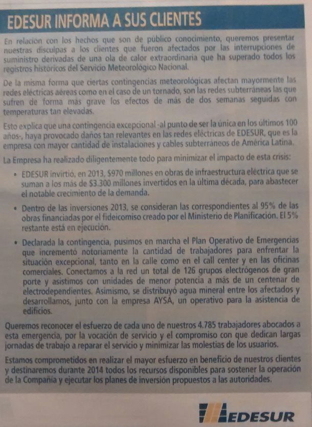 Edesur también pidió disculpas y promete ejecutar inversiones