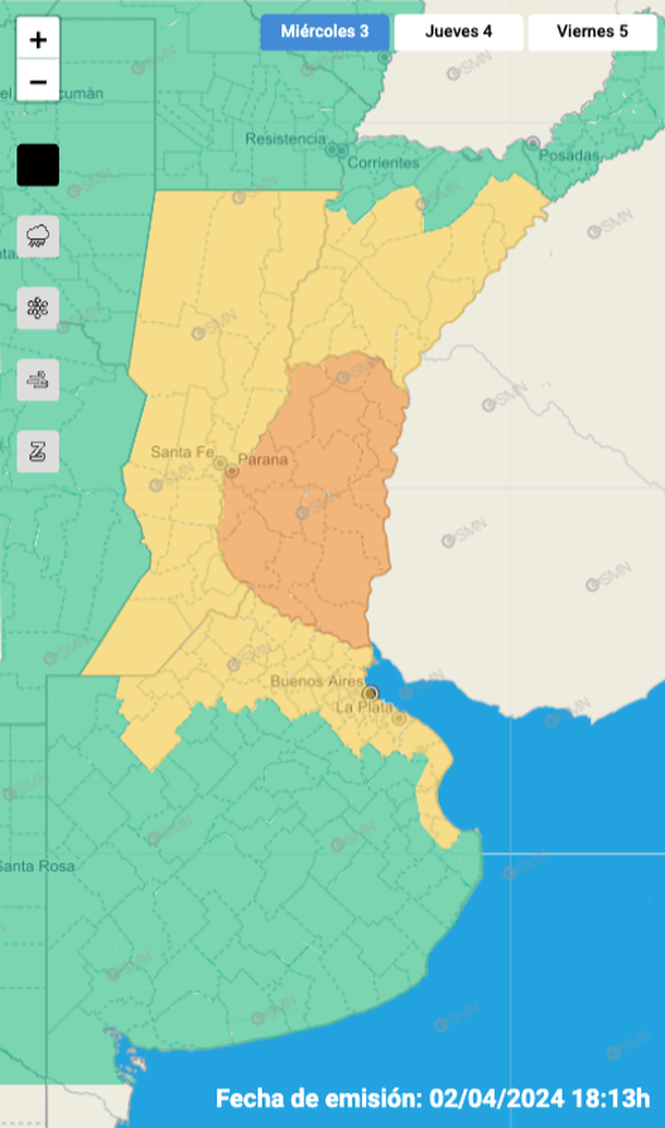 Alerta por tormentas y granizo en Buenos Aires y otras tres provincias. Fuente: Servicio Meteorológico Nacional. Alerta por tormentas y granizo en Buenos Aires y otras tres provincias. Fuente: Servicio Meteorológico Nacional.