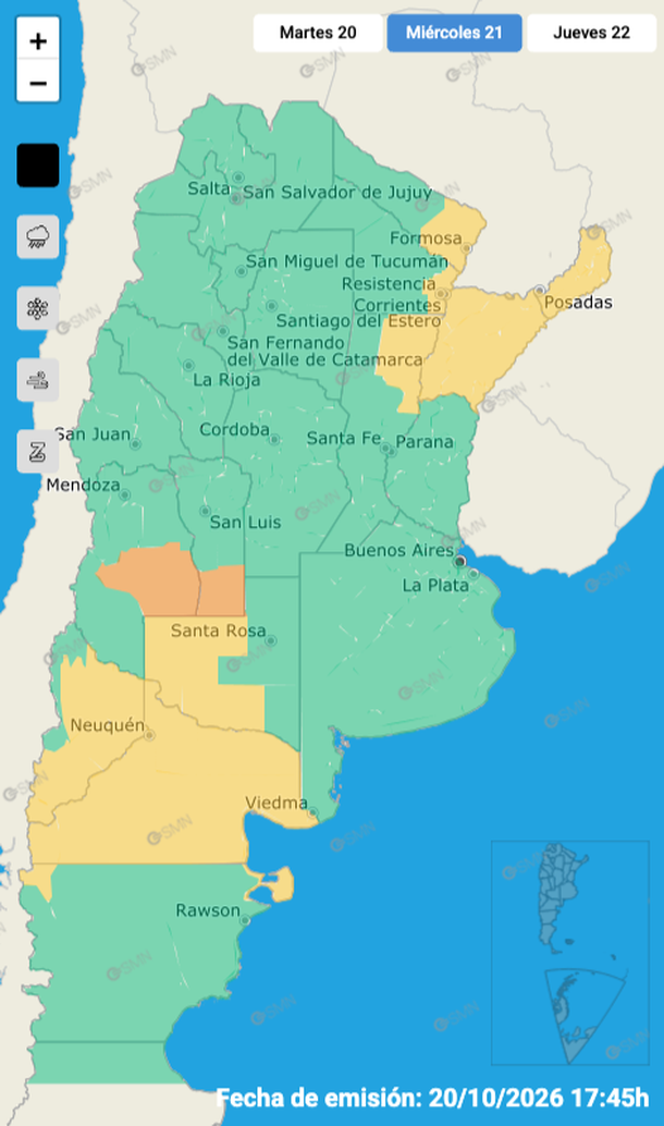 Zonas en alerta por lluvias y tormentas para este miércoles. Fuente: Servicio Meteorológico Nacional. Zonas en alerta por lluvias y tormentas para este miércoles. Fuente: Servicio Meteorológico Nacional.