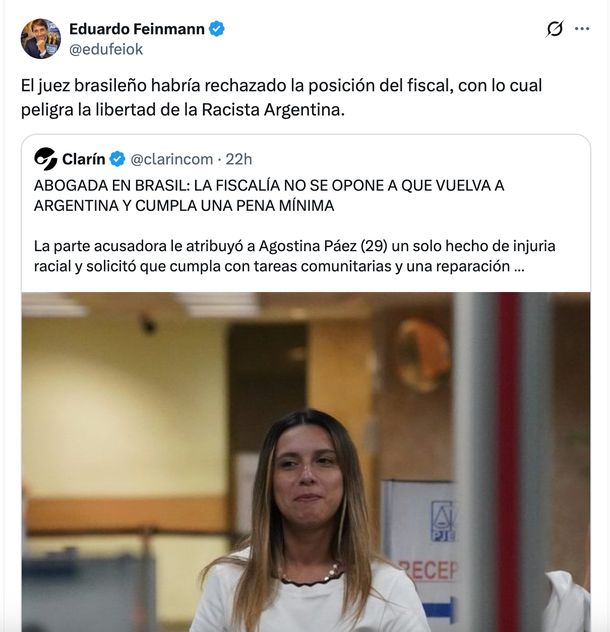 Eduardo Feinmann volvió a cargar contra la abogada argentina Agostina Páez, quien espera ser liberada en Brasil. Eduardo Feinmann volvió a cargar contra la abogada argentina Agostina Páez, quien espera ser liberada en Brasil.
