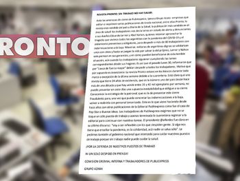 El comunicado de los trabajadores de Pronto