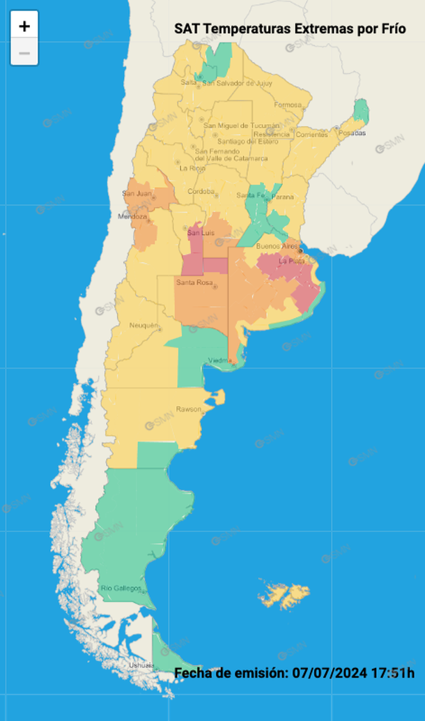 Alerta por fr&iacute;o extremo en todo el pa&iacute;s. Fuente: Servicio Meteorol&oacute;gico Nacional.