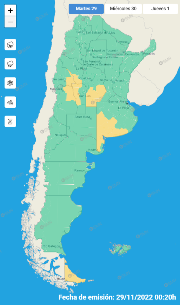 Mapa de alertas por tormentas y granizo en varias zonas del país. Fuente: Servicio Meteorológico Nacional.