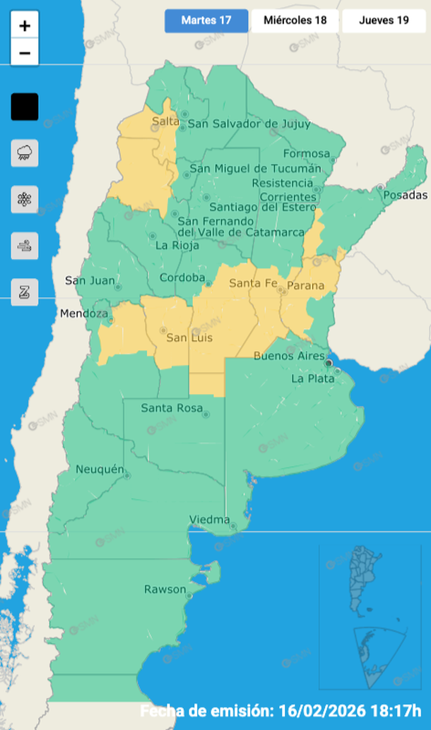 Alerta meteorológica por tormentas fuertes con granizo este martes 17 de febrero en varias zonas del país. Fuente: Servicio Meteorológico Nacional. Alerta meteorológica por tormentas fuertes con granizo este martes 17 de febrero en varias zonas del país. Fuente: Servicio Meteorológico Nacional. 