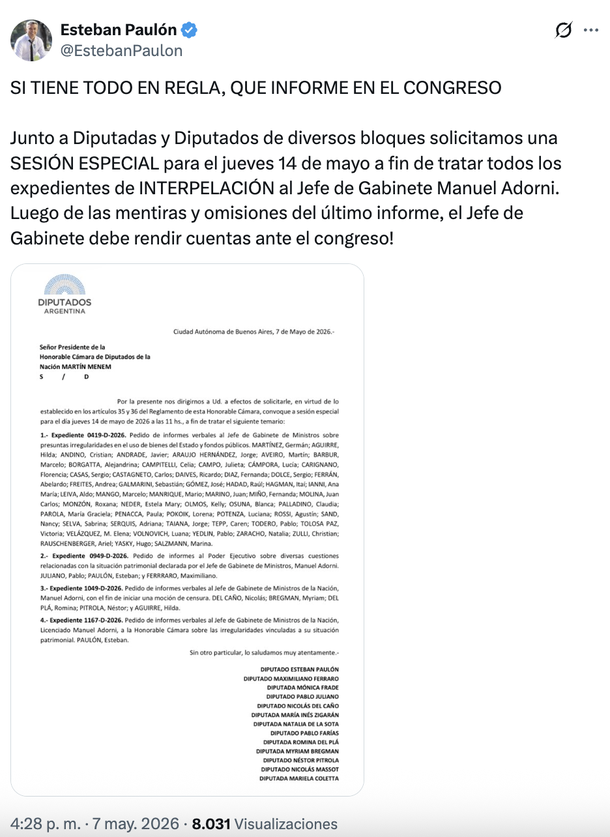 Esteban Paul&oacute;n y el pedido de sesi&oacute;n especial para interpelar a Manuel Adorni.