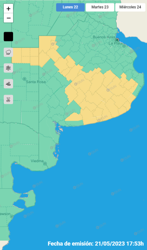 Mapa de alertas por tormenta y granizo en la provincia de Buenos Aires y La Pampa. Fuente: Servicio Meteorológico Nacional. Mapa de alertas por tormenta y granizo en la provincia de Buenos Aires y La Pampa. Fuente: Servicio Meteorológico Nacional.