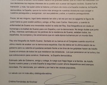 Cristina Kirchner envió una carta al gobierno español por el fallecimiento de Adolfo Suárez