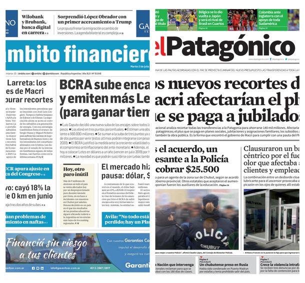 Tapas de diarios del martes 3 de julio de 2018