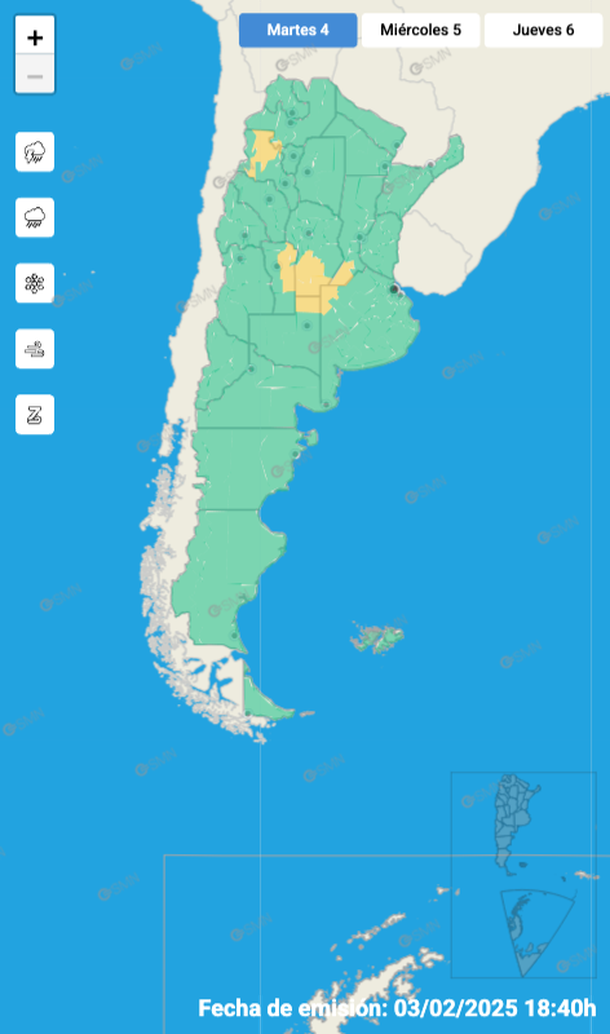 Alerta por tormentas y granizo en Buenos Aires y otras siete provincias. Fuente: Servicio Meteorológico Nacional. Alerta por tormentas y granizo en Buenos Aires y otras siete provincias. Fuente: Servicio Meteorológico Nacional.