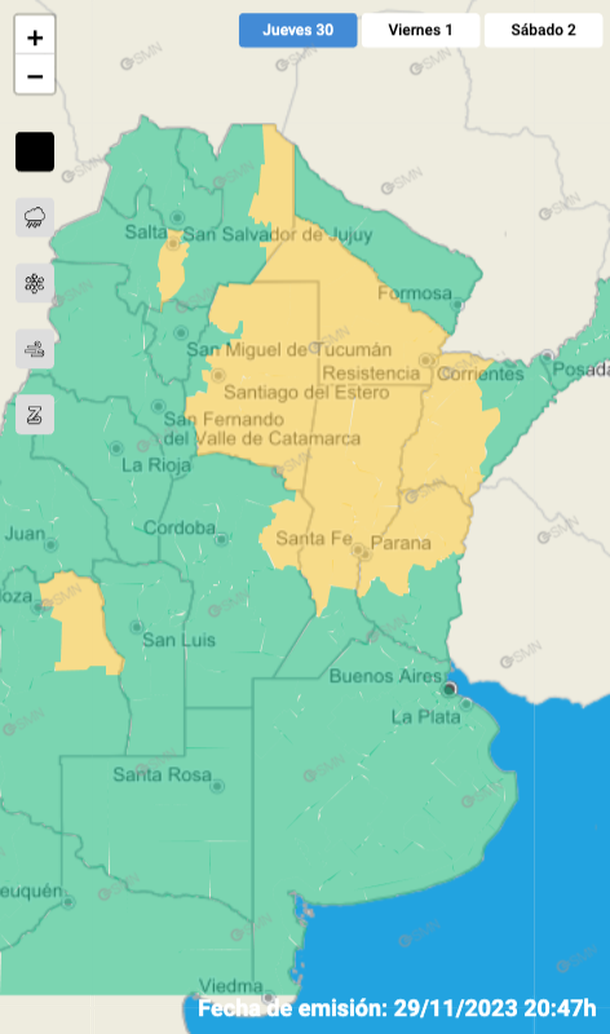 Mapa de alertas por tormentas y granizo para varias zonas del país. Fuente: Servicio Meteorológico Nacional. Mapa de alertas por tormentas y granizo para varias zonas del país. Fuente: Servicio Meteorológico Nacional.