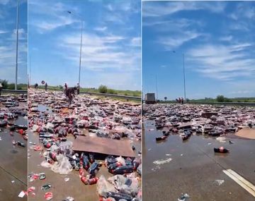 Particular imagen en Santa Fe: un camión de gaseosas volcó su carga sobre la ruta