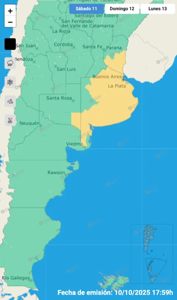 Alerta por tormentas y granizo este sábado en Buenos Aires. Fuente: Servicio Meteorológico Nacional. Alerta por tormentas y granizo este sábado en Buenos Aires. Fuente: Servicio Meteorológico Nacional.