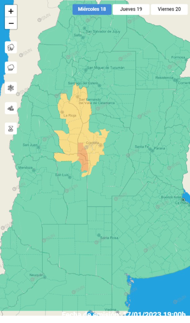 Mapa de alertas por tormentas y granizo en zonas de Catamarca, Córdoba, La Rioja y San Luis. Fuente: Servicio Meteorológico Nacional.