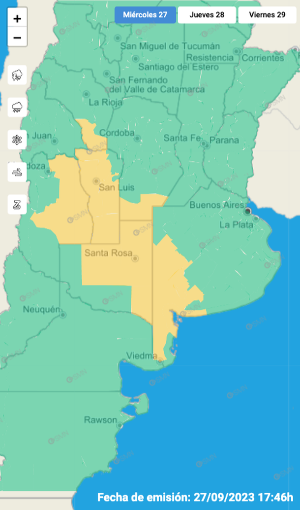 Mapa alerta por viento fuerte. Fuente: Servicio Meteorológico Nacional. Mapa alerta por viento fuerte. Fuente: Servicio Meteorológico Nacional.