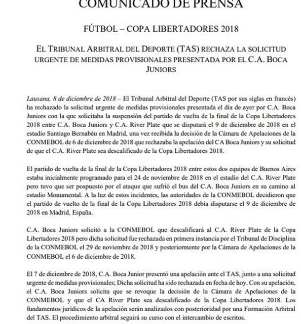 El comunicado del TAS rechazando el pedido de Boca