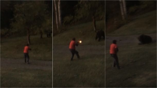 Enfrentó a un oso en la puerta de su casa