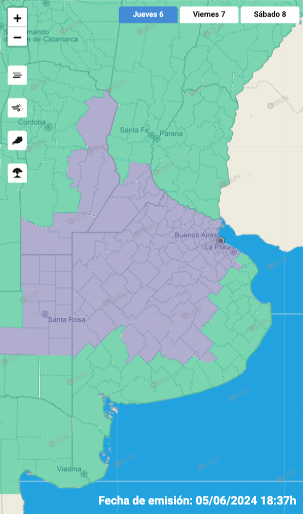 Alerta por niebla este jueves en Buenos Aires. Fuente: Servicio Meteorológico Nacional. Alerta por niebla este jueves en Buenos Aires. Fuente: Servicio Meteorológico Nacional.
