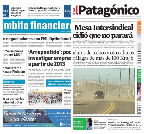 Tapas de diarios del lunes 28 de mayo de 2018