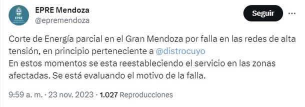 Mensaje de EPRE por el corte de luz en Mendoza Mensaje de EPRE por el corte de luz en Mendoza