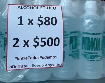 Alcohol et&iacute;lico a precio razonable por el coronavirus - Cr&eacute;dito:&nbsp;@romanperroni