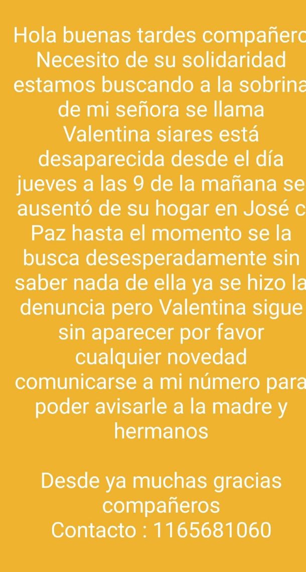 Buscan a Valentina: está desaparecida desde el jueves en José C. Paz