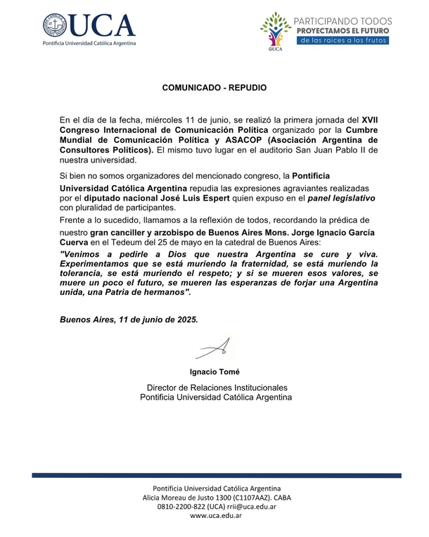 El comunicado de la UCA tras las palabras de José Luis Espert El comunicado de la UCA tras las palabras de José Luis Espert