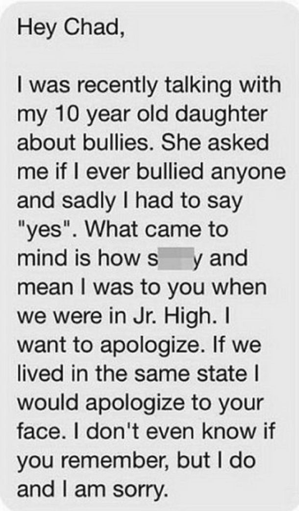 Mejor tarde que nunca: se disculpó por haberle hecho bullying 20 años después