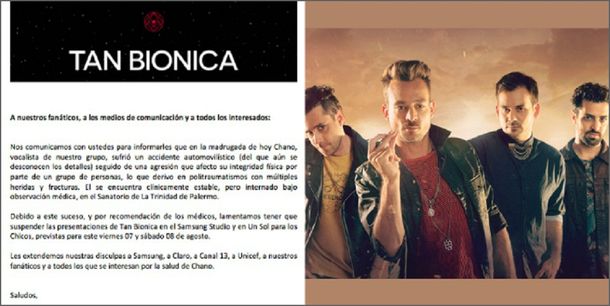 Nuevo comunicado de Tan Biónica: suspenden los shows para el fin de semana