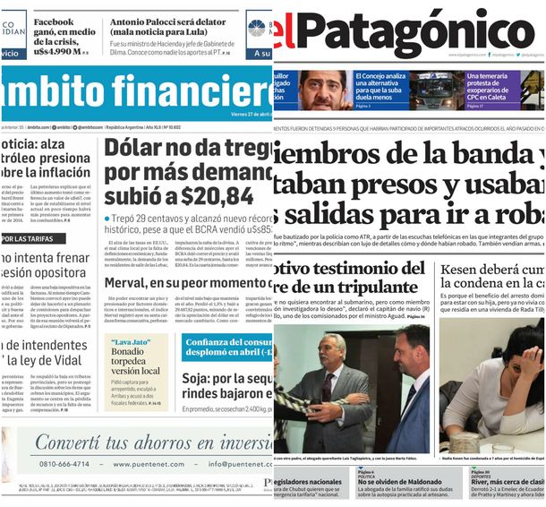 Tapas de diarios del viernes 27 de abril de 2018