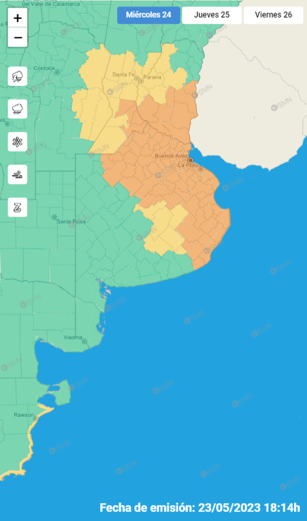 Mapa de alertas por tormentas y granizo para el AMBA y otros distritos. Fuente: Servicio Meteorológico Nacional. Mapa de alertas por tormentas y granizo para el AMBA y otros distritos. Fuente: Servicio Meteorológico Nacional.