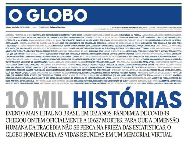 Conmovedora e impactante tapa de O Globo homenajeando a los muertos por coronavirus