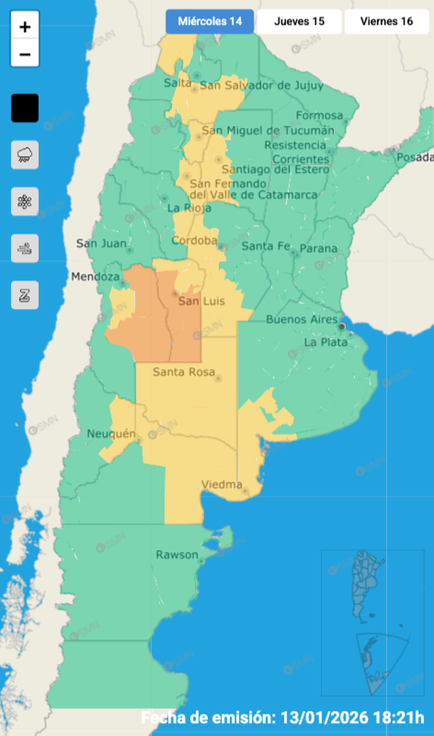 Alerta por tormentas fuertes con granizo para este mi&eacute;rcoles. Fuente: Servicio Meteorol&oacute;gico Nacional.&nbsp;