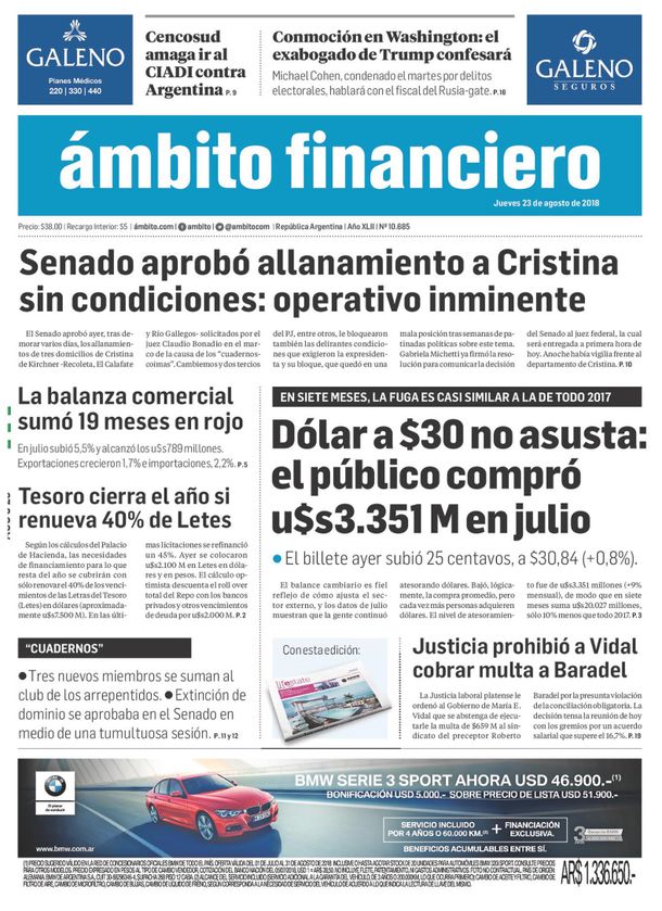 Tapas de diarios del jueves 23 de agosto de 2018