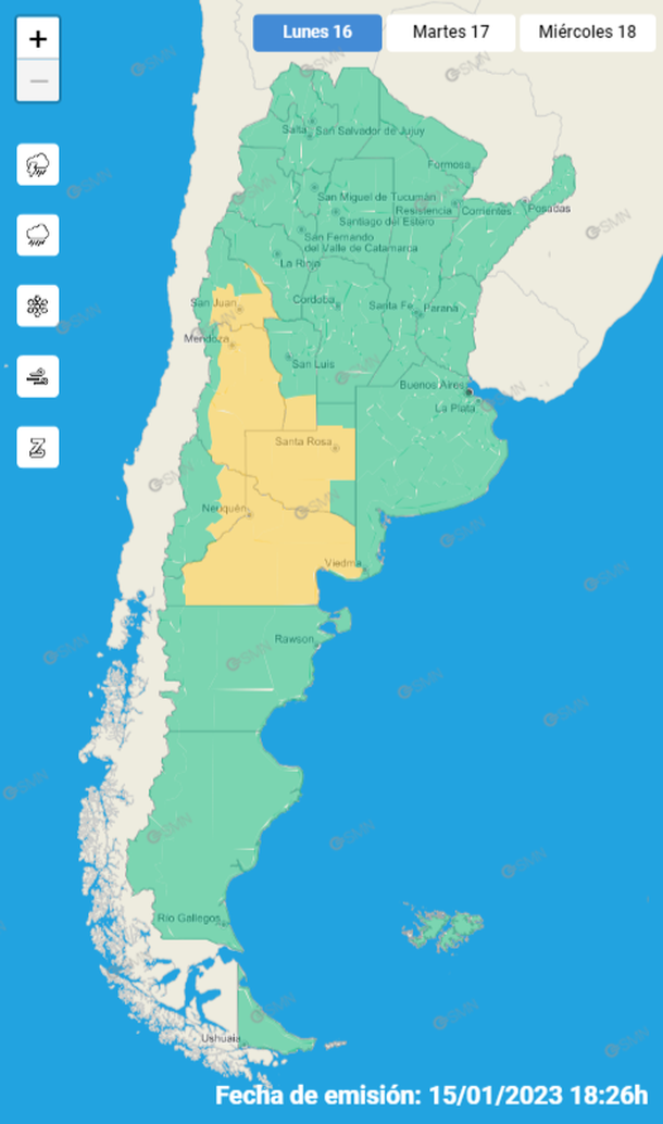 Mapa de alertas por tormentas y granizo. Fuente: Servicio Meteorológico Nacional (SMN).