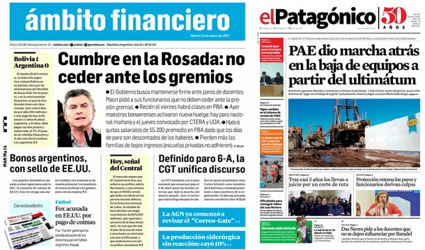 Tapas de diarios del&nbsp;martes 13 de marzo de 2017.