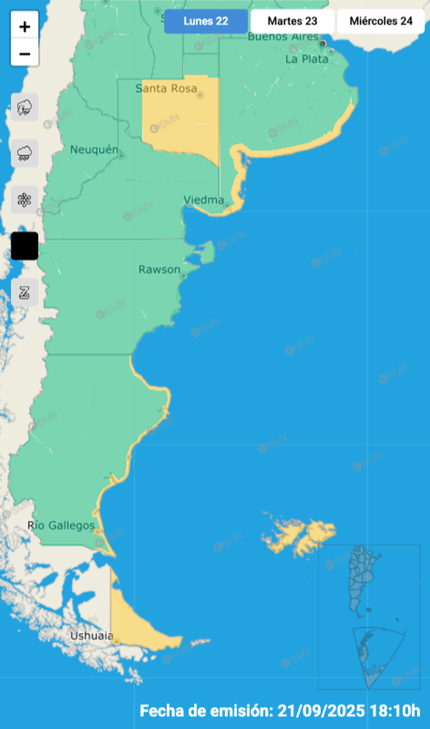 Alerta por viento fuerte en zonas de la costa de Buenos Aires. Fuente: Servicio Meteorológico Nacional. Alerta por viento fuerte en zonas de la costa de Buenos Aires. Fuente: Servicio Meteorológico Nacional.