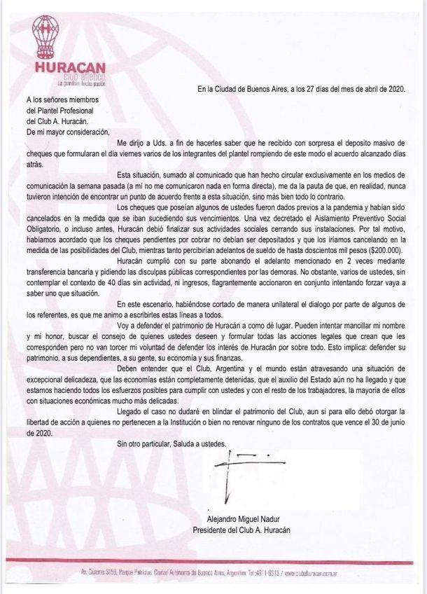 Escándalo en Huracán: el club acusa al plantel de romper acuerdo de pagos y amenaza con rescindir contratos