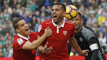 El festejo de Gabriel Mercado en el clásico ante Betis El festejo de Gabriel Mercado en el clásico ante Betis