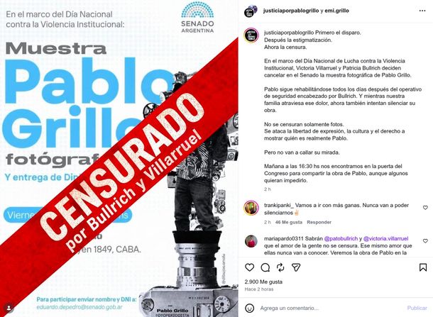 El Gobierno prohibió la muestra de fotografía de Pablo Grillo en el Senado: se hará en la calle