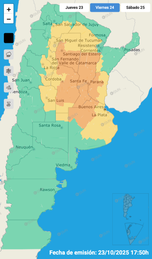 Alerta por lluvias, tormentas fuertes y granizo en Buenos Aires y otras provincias para este viernes. Fuente: Servicio Meteorológico Nacional.