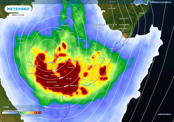 Alerta por ciclogénesis, con lluvias y tormentas fuertes para el próximo martes en Buenos Aires. Fuente: Meteored. Alerta por ciclogénesis, con lluvias y tormentas fuertes para el próximo martes en Buenos Aires. Fuente: Meteored.