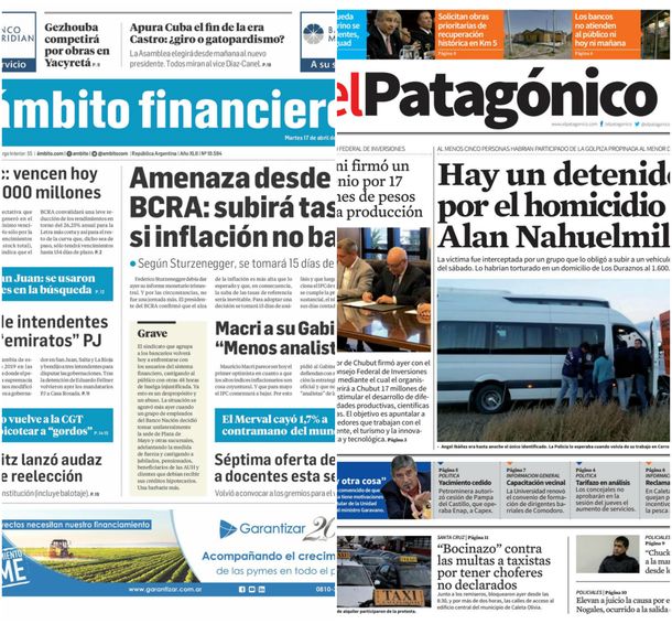 Tapas de diarios del martes 17 de abril de 2018