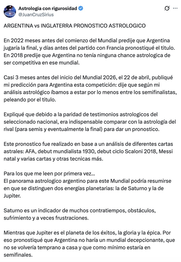 Sali&oacute; la predicci&oacute;n del astr&oacute;logo viral para Selecci&oacute;n Argentina vs. Inglaterra: el factor de "la Luna en Leo"